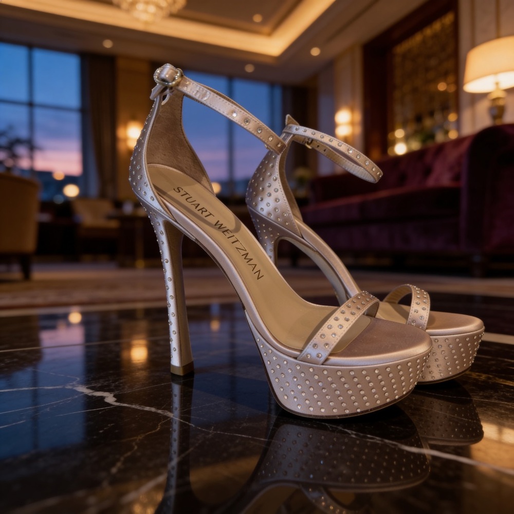 Stuart Weitzman Blush Pink Crystal-Studded Platform Sandals 9.5